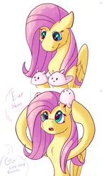 Size: 1280x2176 | Tagged: safe, artist:tigerett01, derpibooru import, fluttershy, pegasus, pony, 2 panel comic, bunny slippers, chest fluff, clothes, comic, cute, dialogue, female, mare, offscreen character, shyabetes, silly, simple background, slippers, solo, white background