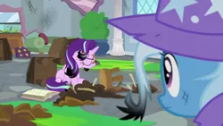 Size: 1920x1080 | Tagged: safe, derpibooru import, screencap, starlight glimmer, trixie, pony, unicorn, a horse shoe-in, burnt mane, eyes closed, female, mare, mess, scorched, sitting, stool