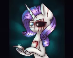 Size: 1080x866 | Tagged: grimdark, artist:blitsazalisdash, derpibooru import, rarity, pony, unicorn, lil-miss rarity, black sclera, bust, eye scar, female, glowing horn, heterochromia, horn, magic, mare, scar, self harm, solo, telekinesis, underhoof