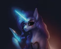 Size: 1080x864 | Tagged: grimdark, alternate version, artist:blitsazalisdash, derpibooru import, rarity, pony, unicorn, lil-miss rarity, black sclera, bust, female, glowing horn, heterochromia, horn, magic, mare, scar, self harm, solo, telekinesis, underhoof