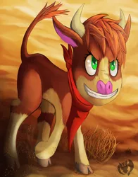 Size: 3300x4200 | Tagged: arizona cow, artist:kenisu-of-dragons, badass, bandana, cloven hooves, community related, cow, derpibooru import, desert, female, high res, looking at you, safe, solo, them's fightin' herds