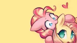 Size: 1152x648 | Tagged: safe, artist:mirroredsea, derpibooru import, edit, fluttershy, pinkie pie, earth pony, pegasus, pony, biting, cute, diapinkes, ear bite, female, floating heart, flutterpie, heart, lesbian, looking up, mare, nom, open mouth, shipping, shyabetes, simple background, smiling, surprised, wallpaper, wallpaper edit, wide eyes, yellow background