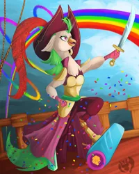 Size: 2400x3000 | Tagged: amputee, anthro, artist:kenisu-of-dragons, bird, cannon, captain celaeno, derpibooru import, female, hat, high res, my little pony: the movie, parrot, party cannon, pirate, pirate hat, prosthetic leg, prosthetic limb, prosthetics, rainbow, safe, sky, solo, sword, weapon