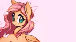 Size: 3591x2019 | Tagged: safe, artist:mirroredsea, derpibooru import, edit, fluttershy, butterfly, pegasus, pony, cute, female, high res, looking at you, mare, pink background, shyabetes, simple background, smiling, solo, wallpaper, wallpaper edit, wings