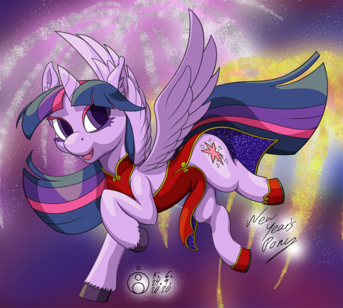 Size: 1200x1080 | Tagged: safe, artist:sepiakeys, derpibooru import, twilight sparkle, twilight sparkle (alicorn), alicorn, pony, cheongsam, chinese new year, clothes, eyeshadow, female, fireworks, hoof shoes, makeup, mare, signature, smiling, solo, spread wings, wings