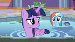 Size: 1280x720 | Tagged: safe, derpibooru import, screencap, rainbow dash, twilight sparkle, twilight sparkle (alicorn), alicorn, pegasus, pony, deep tissue memories, spoiler:deep tissue memories, spoiler:mlp friendship is forever, cute, dashabetes, duo, female, folded wings, hot tub, looking at each other, looking back, mare, ponyville spa, raised eyebrow, smiling, water, wet, wet mane, wet mane rainbow dash, wings