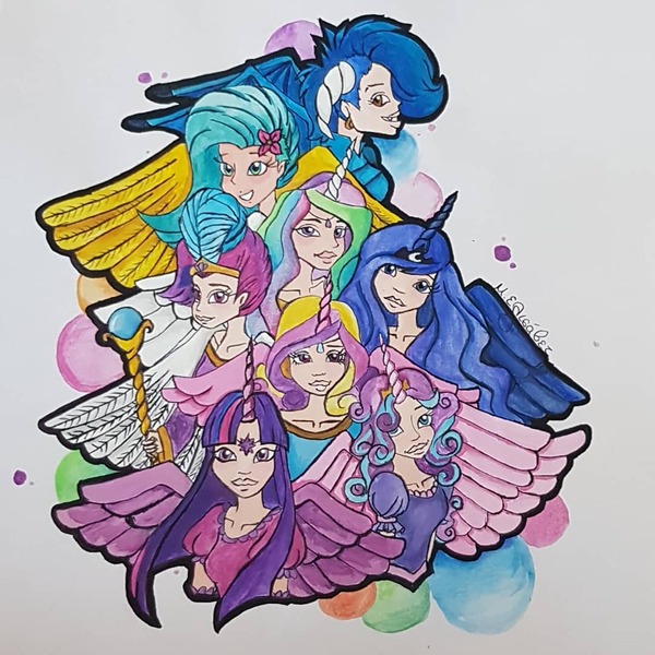 Size: 1080x1080 | Tagged: alicorn, alicorn humanization, alicorn pentarchy, artist:eli.moon.378, bust, clothes, derpibooru import, female, horn, horned humanization, human, humanized, my little pony: the movie, older, older flurry heart, princess cadance, princess celestia, princess ember, princess flurry heart, princess luna, princess skystar, queen novo, safe, spread wings, traditional art, twilight sparkle, twilight sparkle (alicorn), winged humanization, wings