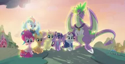 Size: 1366x703 | Tagged: safe, artist:thurder2020, derpibooru import, applejack, fluttershy, pinkie pie, rainbow dash, rarity, spike, twilight sparkle, twilight sparkle (alicorn), alicorn, dragon, earth pony, pegasus, pony, unicorn, adult, adult spike, alternate design, alternate ending, alternate timeline, alternate universe, mane seven, mane six, older, older applejack, older fluttershy, older mane seven, older mane six, older pinkie pie, older rainbow dash, older rarity, older spike, older twilight, redesign, spread wings, sunset, twilight will not outlive her friends, winged spike, wings