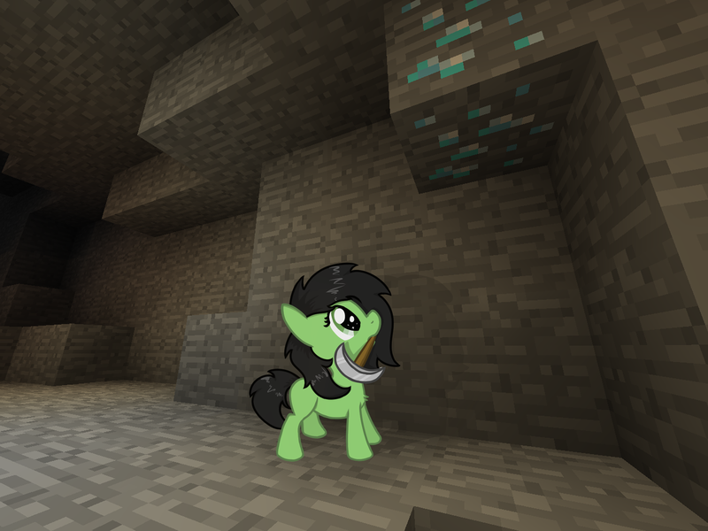 Size: 2000x1500 | Tagged: safe, artist:craftycirclepony, derpibooru import, oc, oc:anonfilly, unofficial characters only, earth pony, pony, adoranon, cave, chest fluff, cute, diamond, diamond ore, female, filly, iron pickaxe, looking up, minecraft, mouth hold, smol, solo, starry eyes, wingding eyes