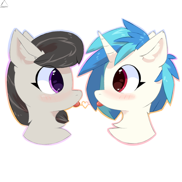 Size: 1500x1500 | Tagged: safe, artist:glazirka, derpibooru import, octavia melody, vinyl scratch, earth pony, pony, unicorn, blushing, cute, female, lesbian, mare, scratchtavia, shipping, simple background, tavibetes, tongue out, vinylbetes, white background