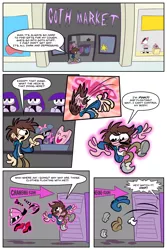 Size: 2240x3360 | Tagged: artist:joeywaggoner, bin, bow, changing room, character to character, clothes, comic, commission, derpibooru import, dialogue, doll, dress, goth, gothic pinkie, hairband, hair bow, hairclip, hands in pockets, hat, high heels, high res, hoodie, human, human oc, levitation, looking at self, magic, male, male to female, oc, onomatopoeia, open mouth, pacman eyes, pants, pinkie mask, pinkie pie, pinkie pie's boutique, pointing, rule 63, safe, shelf, shirt, shoes, smiling, speech bubble, store, sunglasses, surprised, telekinesis, the mask, toy, transformation, transgender transformation, undressing