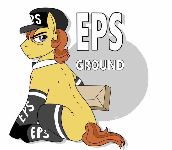 Size: 2399x2099 | Tagged: suggestive, artist:pony quarantine, derpibooru import, bulk shipment, earth pony, clothes, eps uniform, female, hat, logo, mailpony, mare, socks, solo, stockings, thigh highs