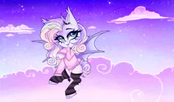 Size: 4098x2407 | Tagged: safe, artist:_spacemonkeyz_, derpibooru import, oc, oc:spectral prism, bat pony, choker, clothes, cloud, moon, sky, socks, solo, stars, sweater