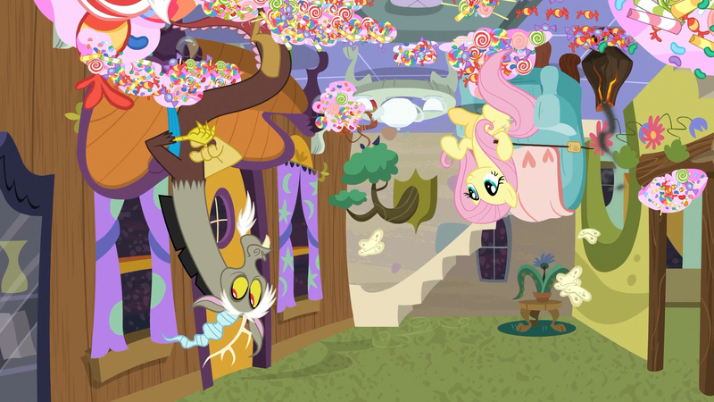 Size: 1920x1080 | Tagged: safe, derpibooru import, screencap, discord, fluttershy, draconequus, pegasus, pony, discordant harmony, candy, discord's house, female, food, male, mare, tentacle plant, upside down