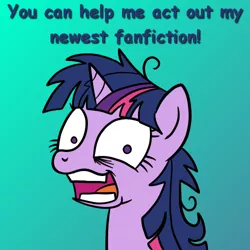 Size: 500x500 | Tagged: artist needed, source needed, useless source url, safe, derpibooru import, twilight sparkle, pony, dialogue, eye twitch, faic, female, gradient background, mare, messy mane, solo, twilight loves fanfiction, twilight snapple