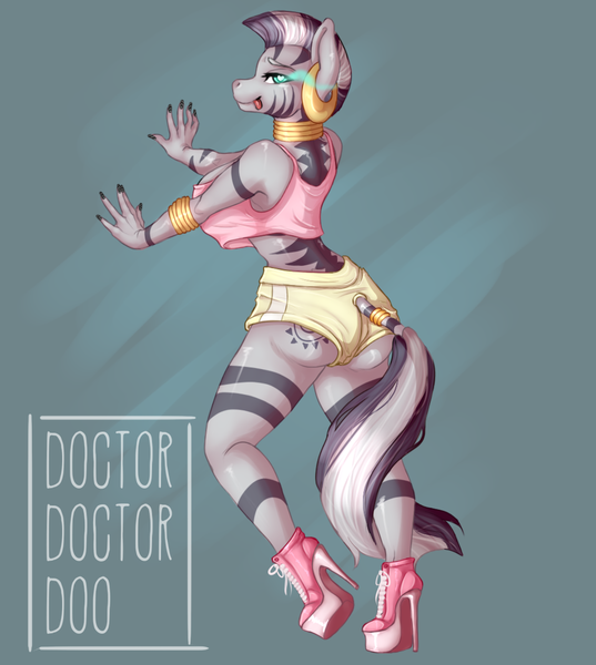 Size: 1007x1126 | Tagged: suggestive, artist:doctordoctordoo, derpibooru import, zecora, anthro, zebra, :p, ass, big breasts, breasts, busty zecora, butt, clothes, cutie mark, digital art, ear piercing, earring, female, heart eyes, high heels, jewelry, looking at you, mind control, piercing, shirt, shoes, shorts, solo, solo female, sombra eyes, tail, tattoo, tongue out, walking, wingding eyes