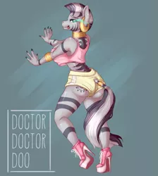 Size: 1007x1126 | Tagged: suggestive, artist:doctordoctordoo, derpibooru import, zecora, anthro, zebra, :p, ass, big breasts, breasts, busty zecora, butt, clothes, cutie mark, digital art, ear piercing, earring, female, heart eyes, high heels, jewelry, looking at you, mind control, piercing, shirt, shoes, shorts, solo, solo female, sombra eyes, tail, tattoo, tongue out, walking, wingding eyes