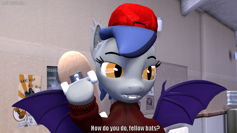 Size: 1280x720 | Tagged: safe, artist:batponyecho, derpibooru import, oc, oc:echo, unofficial characters only, bat pony, pony, 30 rock, 3d, bat pony oc, bat wings, cap, clothes, cool, fangs, female, hat, hoodie, how do you do fellow kids, mare, meme, parody, school, sfm pony, skateboard, solo, source filmmaker, spread wings, text, wings