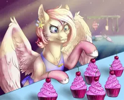 Size: 1280x1033 | Tagged: safe, artist:sizaru, derpibooru import, oc, unofficial characters only, pegasus, pony, apron, cherry, clothes, commission, cupcake, digital art, ear piercing, earring, female, food, holding, icing bag, jewelry, kitchen, mare, piercing, solo, spread wings, sprinkles, wings