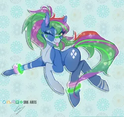 Size: 3508x3306 | Tagged: safe, artist:srk-arts, derpibooru import, oc, oc:cobalt flux, unofficial characters only, earth pony, :p, bandage, bandaid, bandaid on nose, bracelet, dancing, ear piercing, earth pony oc, jewelry, looking at you, multicolored hair, one eye closed, piercing, tongue out, wink