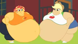 Size: 1024x576 | Tagged: suggestive, artist:jamesawilliams1996, artist:neongothic, derpibooru import, edit, edited edit, applejack, sunset shimmer, equestria girls, amplejack, applefat, bbw, belly, belly button, big belly, big breasts, bingo wings, breasts, busty applejack, busty sunset shimmer, chubby cheeks, double chin, fat, fat boobs, female, huge belly, impossibly large belly, morbidly obese, near immobile, obese, slobset shimmer, ssbbw, story included, weight gain