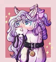 Size: 2361x2593 | Tagged: suggestive, artist:pegasus004, derpibooru import, oc, oc:alabaster, earth pony, pony, barrette, blushing, bow, collar, colored pupils, hair bow, leash, long mane, male, mouth hold, pet play, pet tag, solo, stallion, starry eyes, stars, wingding eyes