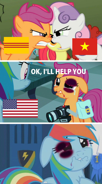 Size: 900x1624 | Tagged: abuse, abuse edit, black eye, crying, dashabuse, derpibooru import, edit, edited screencap, eqg flag-tag meme, flag, north vietnam, parental glideance, politics, rainbow dash, scootabuse, scootaloo, screencap, semi-grimdark, south vietnam, sweetie belle, the return of harmony, vietnam, vietnam war