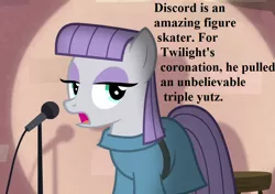 Size: 1024x720 | Tagged: cropped, derpibooru import, edit, edited screencap, implied chrysalis, implied cozy glow, implied discord, implied tirek, implied twilight sparkle, maud pie, maud the comedian, microphone, pun, safe, screencap, speech, spotlight, talking, the ending of the end, the maud couple