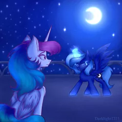 Size: 3000x3000 | Tagged: safe, artist:darklight1315, derpibooru import, princess celestia, princess luna, alicorn, pony, the moon rises, glowing horn, horn, magic, moon, night, stars