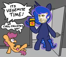 Size: 1123x977 | Tagged: safe, artist:threetwotwo32232, derpibooru import, princess luna, scootaloo, alicorn, human, pegasus, pony, female, mare, newbie artist training grounds, parody, vegemite, wat