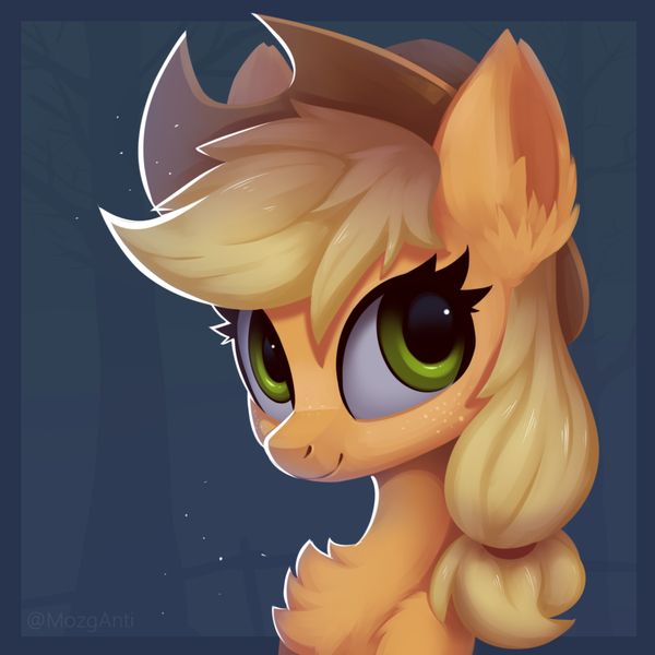 Size: 992x992 | Tagged: safe, artist:anti1mozg, derpibooru import, applejack, earth pony, pony, bust, chest fluff, cowboy hat, cute, ear fluff, female, freckles, hat, jackabetes, looking at you, mare, smiling, solo