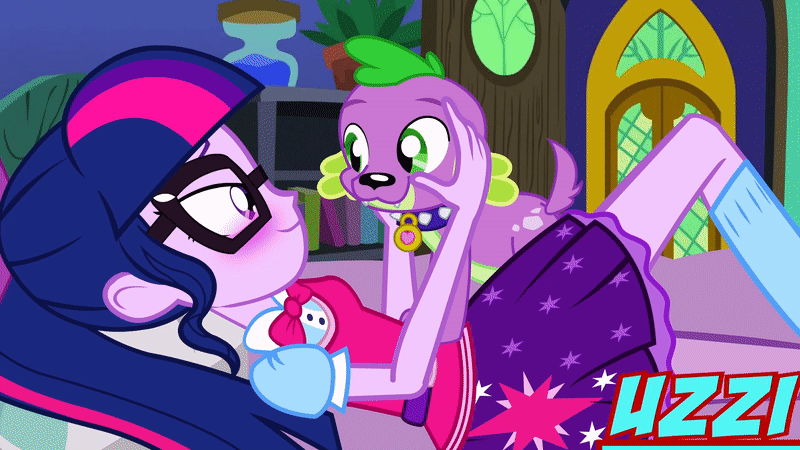 Size: 800x450 | Tagged: safe, artist:uzzi-ponydubberx, derpibooru import, sci-twi, spike, spike the regular dog, timber spruce, twilight sparkle, dog, equestria girls, animated, bedroom, bedroom eyes, bestiality, caught, female, gif, interspecies, kissing, male, scitwispike, shipping, straight, twispike