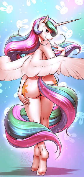 Size: 1800x3791 | Tagged: alicorn, anthro, artist:mykegreywolf, ass, bedroom eyes, breasts, butt, casual nudity, derpibooru import, female, gradient background, looking at you, looking back, looking back at you, mare, nudity, open mouth, praise the sun, princess celestia, rear view, smiling, solo, solo female, sparkles, spread wings, stupid sexy celestia, suggestive, sunbutt, unguligrade anthro, wing fluff, wings