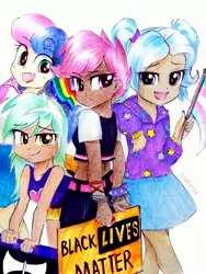 Size: 2322x3096 | Tagged: safe, artist:liaaqila, derpibooru import, bon bon, lyra heartstrings, scootaloo, sweetie drops, trixie, human, alternate hairstyle, arm behind back, babysitter trixie, bedroom eyes, belt, black lives matter, bracelet, clothes, commission, cuffs, dark skin, female, gay pride flag, heart, hoodie, humanized, lesbian, lesbian empire flag, lyrabon, midriff, mouthpiece, older, older scootaloo, open mouth, pigtails, politics, pride, pride flag, pride month, raised eyebrow, shipping, shirt, shorts, sign, simple background, skirt, smiling, smirk, spiked wristband, t-shirt, tanktop, traditional art, trans girl, trans trixie, transgender, transgender pride flag, twintails, white background, wristband
