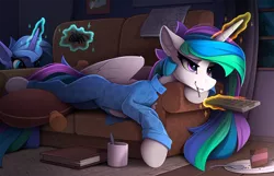 Size: 2400x1550 | Tagged: safe, artist:yakovlev-vad, derpibooru import, princess celestia, princess luna, alicorn, pony, spider, book, cake, cakelestia, clothes, couch, duo, eating, female, food, magic, mare, mug, pajamas, prank, prone, remote control, royal sisters, s1 luna, siblings, sisters, soon, spoon, telekinesis, this will end in a trip to the moon, this will end in tears and/or a journey to the moon, this will not end well, trolluna, unbuttoned, watching tv