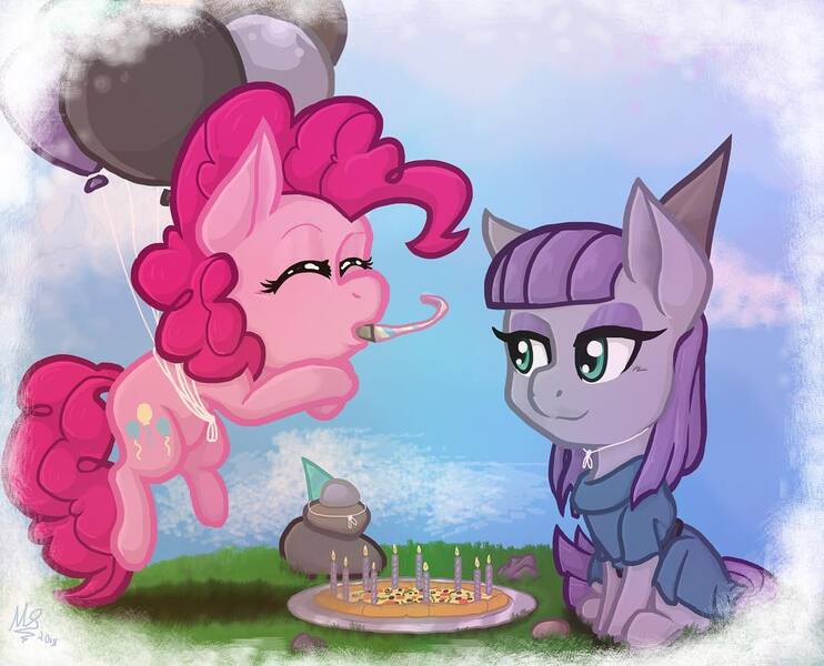 Size: 1080x873 | Tagged: safe, artist:spurlockml75, derpibooru import, boulder (pet), maud pie, pinkie pie, earth pony, pony, balloon, candle, clothes, cute, diapinkes, duo, eyes closed, female, floating, flying, food, hat, mare, maudabetes, party hat, party horn, pet rock, pizza, plate, siblings, sisters, smiling, then watch her balloons lift her up to the sky, when she smiles