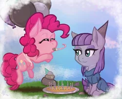 Size: 1080x873 | Tagged: safe, artist:spurlockml75, derpibooru import, boulder (pet), maud pie, pinkie pie, earth pony, pony, balloon, candle, clothes, cute, diapinkes, duo, eyes closed, female, floating, flying, food, hat, mare, maudabetes, party hat, party horn, pet rock, pizza, plate, siblings, sisters, smiling, then watch her balloons lift her up to the sky, when she smiles