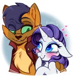 Size: 402x419 | Tagged: safe, artist:esmeia, derpibooru import, capper dapperpaws, rarity, abyssinian, anthro, pony, unicorn, my little pony: the movie, blushing, bust, capperity, colored pupils, cute, female, floating heart, floppy ears, heart, looking at each other, male, mare, portrait, shipping, smiling, straight