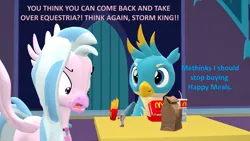 Size: 1920x1080 | Tagged: safe, artist:red4567, derpibooru import, gallus, silverstream, storm king, ape, gryphon, hippogriff, my little pony: the movie, 3d, angry, atg 2020, burger, drink, food, french fries, happy meal, implied storm king, mcdonald's, mcdonald's happy meal toys, newbie artist training grounds, source filmmaker, spread wings, toy, wings, yelling, yelling at a toy