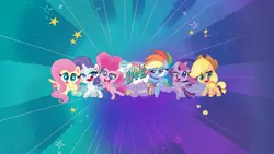 Size: 2560x1440 | Tagged: safe, derpibooru import, official, applejack, fluttershy, pinkie pie, rainbow dash, rarity, twilight sparkle, twilight sparkle (alicorn), alicorn, earth pony, pegasus, pony, unicorn, my little pony: pony life, hasbro, mane six, my little pony logo, stars, youtube banner