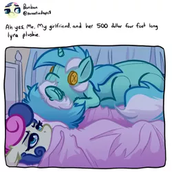 Size: 4000x4000 | Tagged: safe, artist:witchtaunter, derpibooru import, bon bon, lyra heartstrings, sweetie drops, earth pony, pony, unicorn, ah yes me my girlfriend and her x, bed, bedroom, bon bon is not amused, female, l.u.l.s., lesbian, lyra plushie, lyrabon, meme, meta, plushie, self plushidox, shipping, sleeping, twitter, unamused, wife and wife