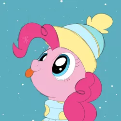 Size: 2000x2000 | Tagged: safe, artist:nitei, derpibooru import, pinkie pie, earth pony, pony, :p, atg 2020, clothes, cute, diapinkes, female, hat, high res, mare, newbie artist training grounds, scarf, snow, snowfall, solo, tongue out, winter, winter outfit