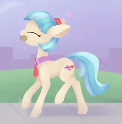 Size: 1300x1328 | Tagged: safe, artist:dusthiel, derpibooru import, coco pommel, earth pony, pony, cocobetes, cute, eyes closed, female, mare, mouth hold, newbie artist training grounds, petal, profile, solo, spool, thread