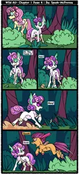 Size: 1596x3500 | Tagged: safe, artist:spuds-mcfrenzy, derpibooru import, fluttershy, scootaloo, sweetie belle, pegasus, pony, unicorn, comic:wild au, alternate universe, bandage, black eye, broken horn, horn, pounce, trap (device)