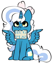 Size: 1024x1231 | Tagged: adorabelle, alicorn, alicorn oc, artist:sofiaprost, bow, cute, derpibooru import, female, hair bow, horn, hug request, looking at you, looking up, mare, mouth hold, oc, oc:fleurbelle, safe, sign, simple background, transparent background, wingding eyes, wings, yellow eyes