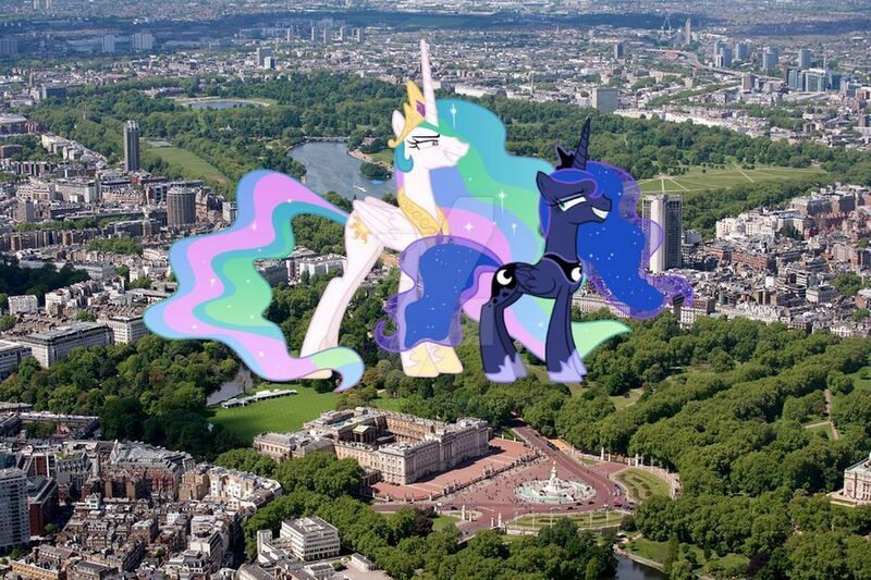 Size: 900x600 | Tagged: safe, artist:frownfactory, artist:princesslunayay, derpibooru import, princess celestia, princess luna, alicorn, pony, britain, buckingham palace, city, deviantart, deviantart watermark, england, female, giant alicorn, giant ponies in real life, giant pony, giantess, giantlestia, grass, hyde park, irl, london, macro, mare, mega celestia, mega luna, obtrusive watermark, photo, pond, ponies in real life, royal sisters, siblings, sisters, smug, tree, united kingdom, vector, watermark