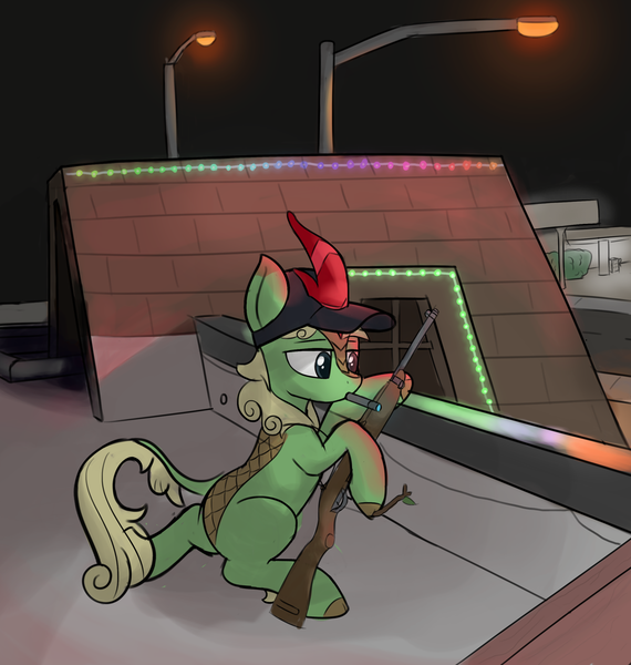 Size: 2448x2576 | Tagged: safe, artist:czu, derpibooru import, forest fall, ponified, kirin, /mlp/, 4chan, drawthread, george floyd protests, gun, image, m1 carbine, minneapolis riots, png, politics, pun, quadrupedal, rifle, riot, roof, roof kirin, roof korean, rooftop, solo, streetlight, vape pen, weapon