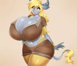 Size: 2898x2500 | Tagged: anthro, artist:kaikururu, belly button, big breasts, blushing, bracelet, breasts, busty derpy hooves, cleavage, clothes, commission, derpibooru import, derpy hooves, ditzy doo, erect nipples, female, huge breasts, impossibly large breasts, jewelry, mailmare, nipple outline, ring, series:creature-verse, solo, solo female, species swap, suggestive, tail, tail ring, uniform, yak, yakified
