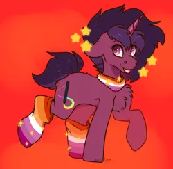Size: 2056x1996 | Tagged: safe, artist:sailor, deleted from derpibooru, derpibooru import, oc, oc:rubellite, unofficial characters only, pony, unicorn, bandana, clothes, cute, cutie mark, female, fluffy, fluffy mane, happy, lesbian, lesbian pride flag, pride, pride flag, retro, short tail, socks, solo, stars, tongue out