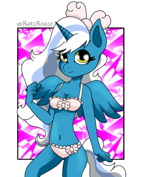 Size: 809x988 | Tagged: abstract background, adorabelle, adorasexy, alicorn, alicorn oc, anthro, artist:katzkraze, belly button, bow, bra, breasts, cleavage, clothes, cute, derpibooru import, female, frilly underwear, hair bow, horn, looking at you, mare, oc, oc:fleurbelle, panties, sexy, smiling, smiling at you, solo, suggestive, underwear, white underwear, wingding eyes, wings, yellow eyes